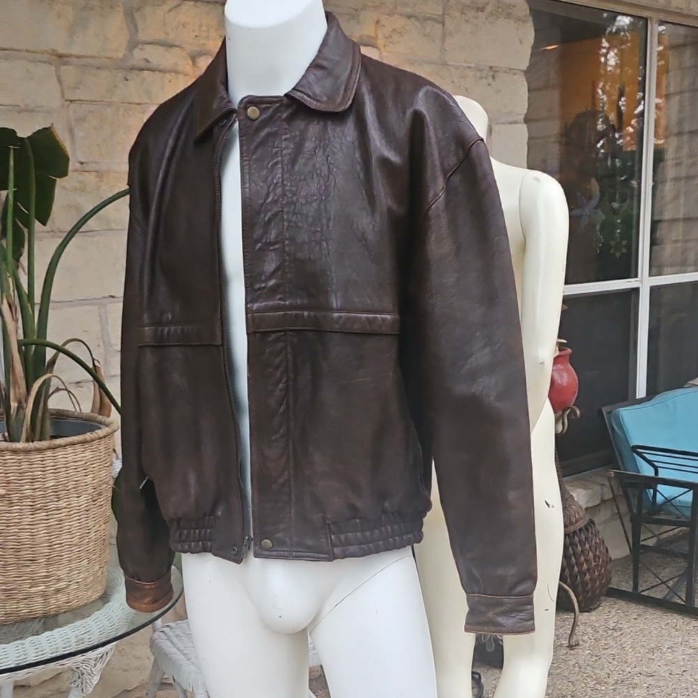Vintage Preferred Stock Korea Men's Brown Leather Bomber Jacket Size Large